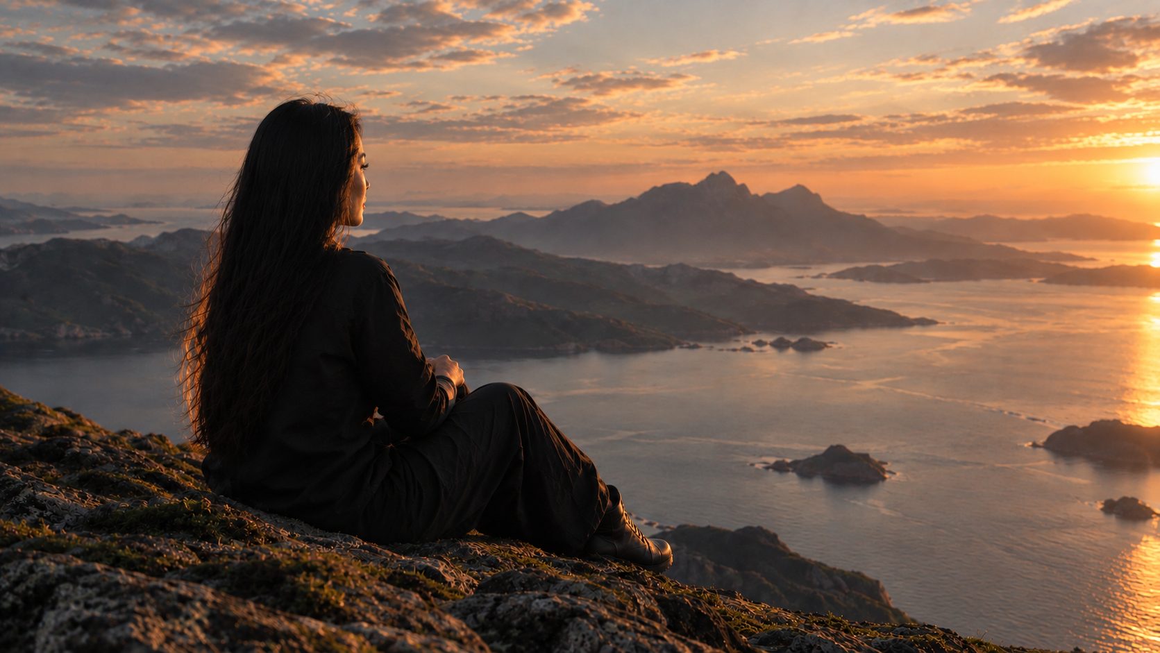 A woman sitting on a clifftop, looking out over the sea at sunset.